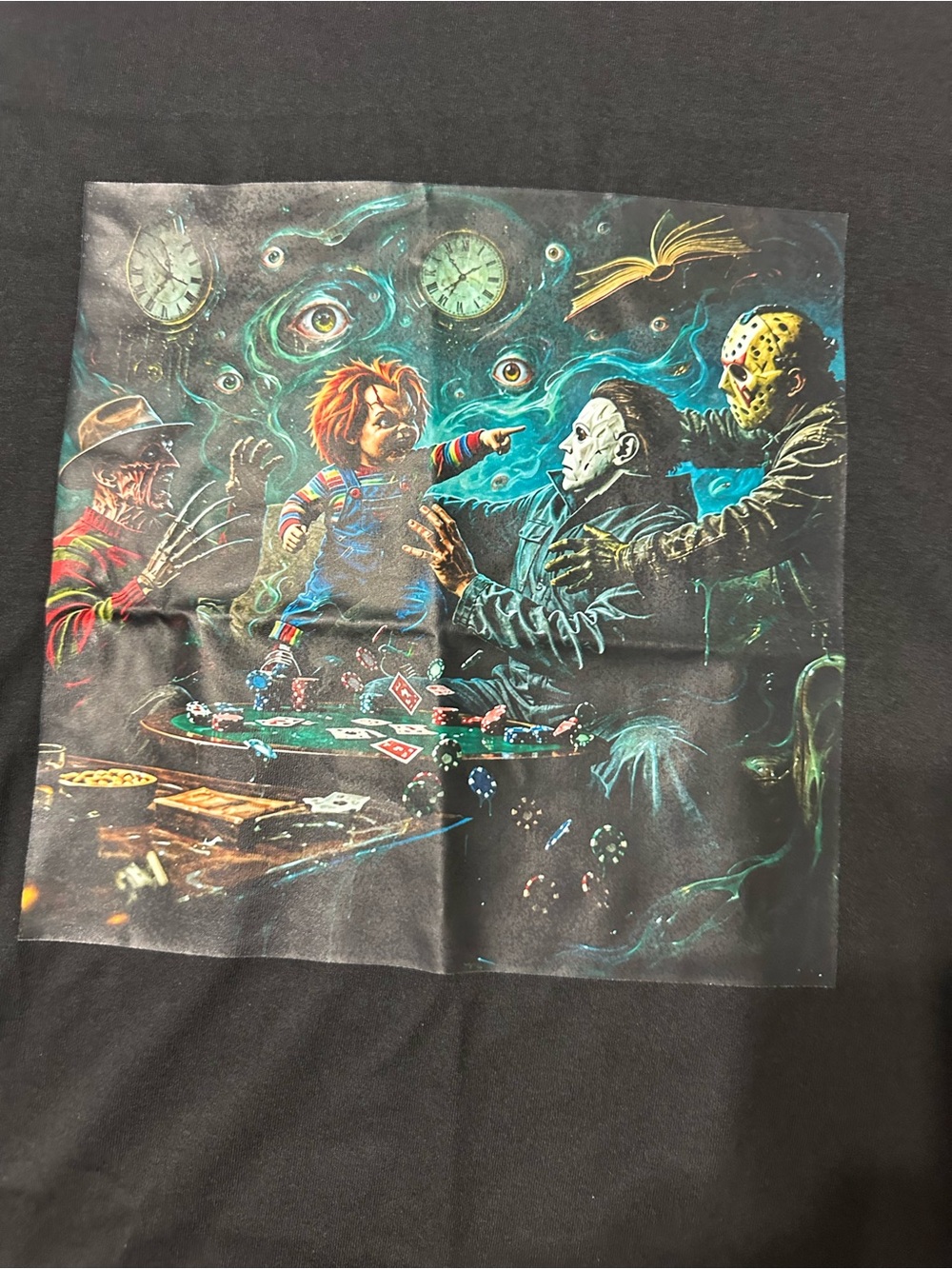 Horror Icons Poker Night Graphic Tee — Black with Multicolor Print